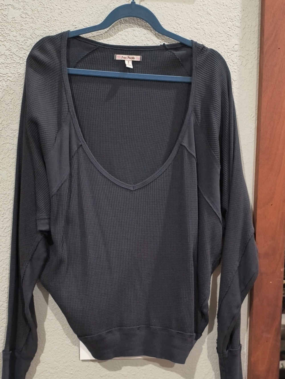 Free People Charcoal Deep V Waffle-Knit Pullover